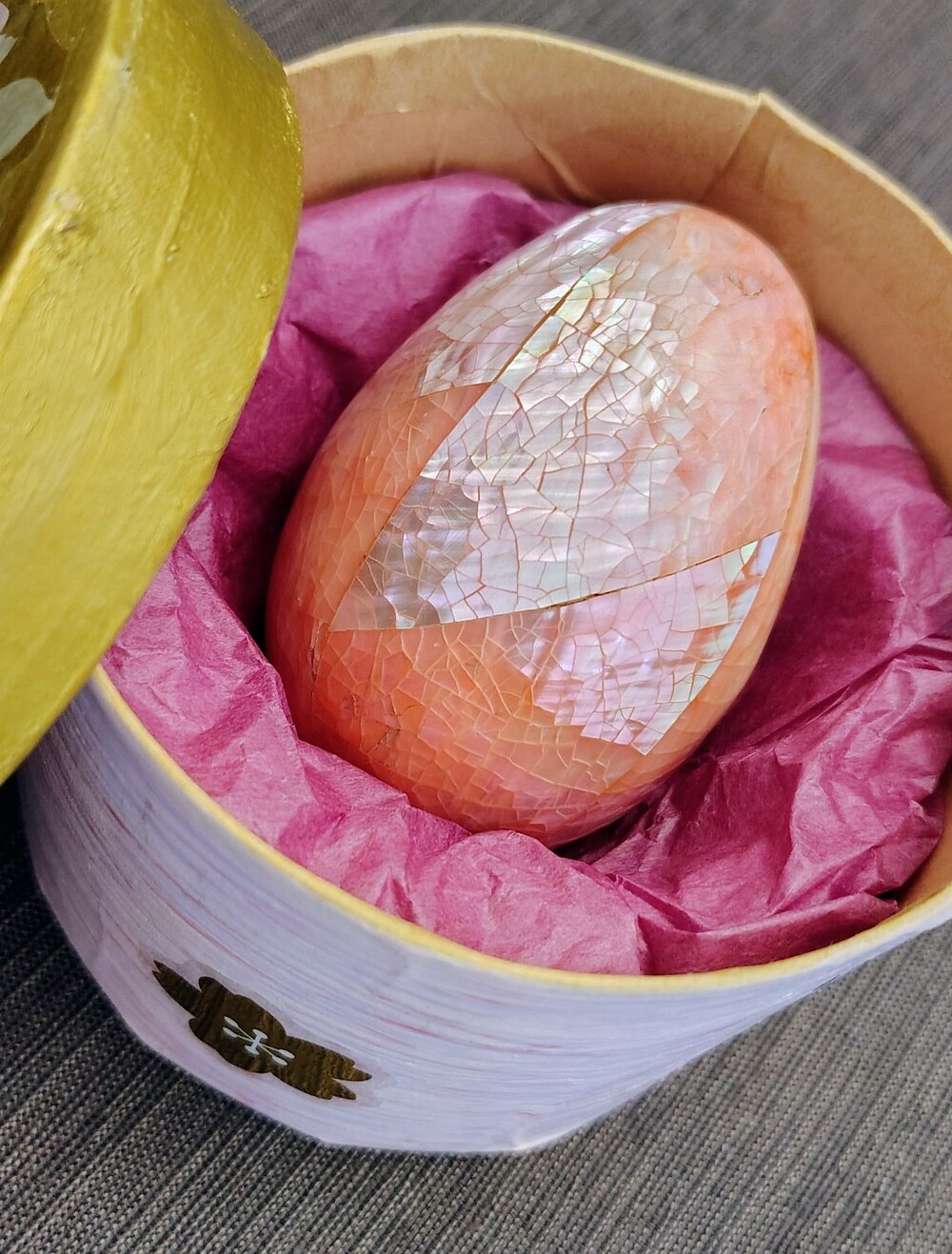 Beautiful Decorative Egg of Iridescent Peach Mother of Pearl in Mosaic Patterns